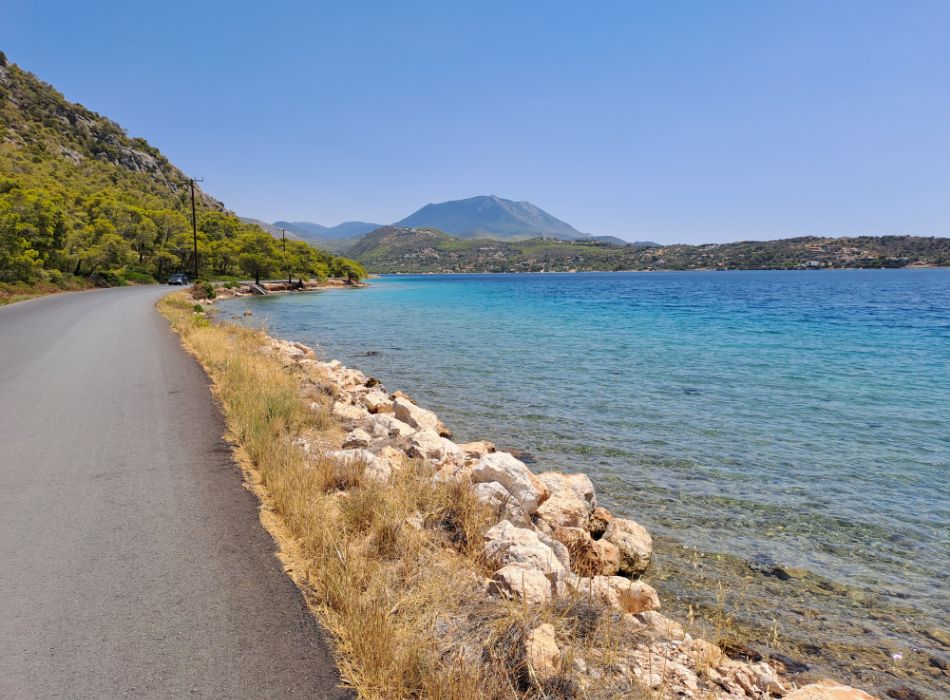 Road view of Vouliagmeni Lake near Loutraki. 