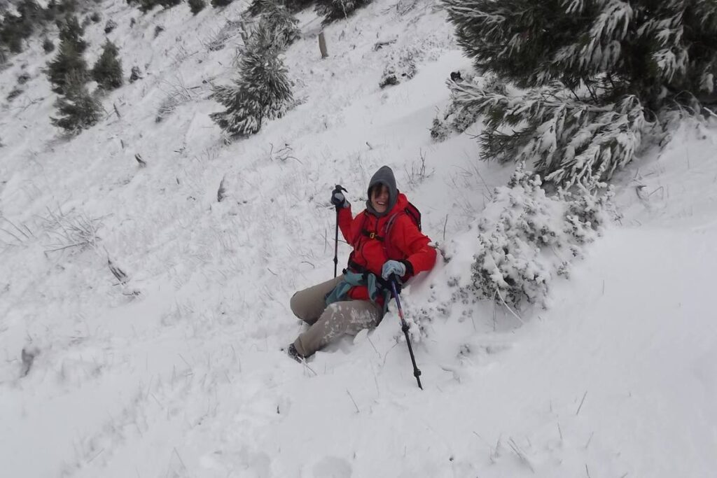 Evgenia on snow laughing in Parnitha Mount 