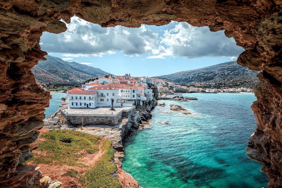 Andros Greek Island main Chora a view though a cave in Andros Island Greece.