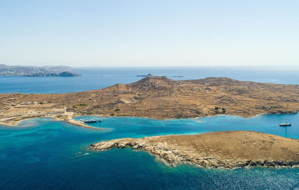 Delos Island port, ancient site and Kynthos hill
Drone view of Delos Island near Mykonos.