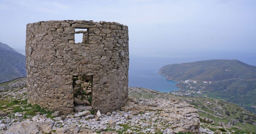 Amorgos Greek Island old windmills looking at the sea