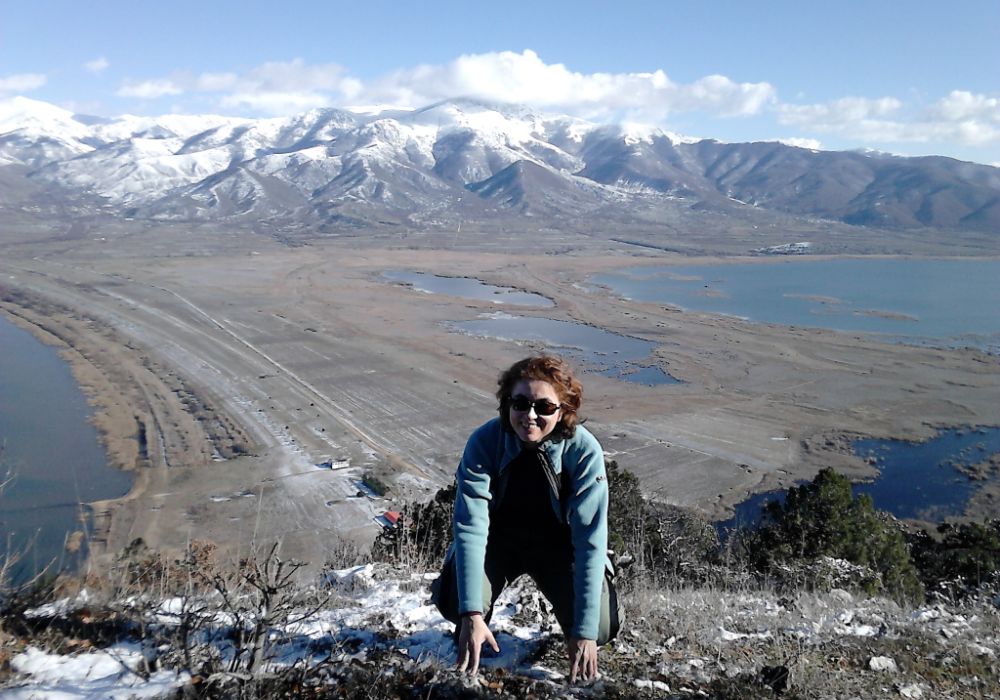 Hike Safely in Greece, Evgenia in Prespes lakes smiling