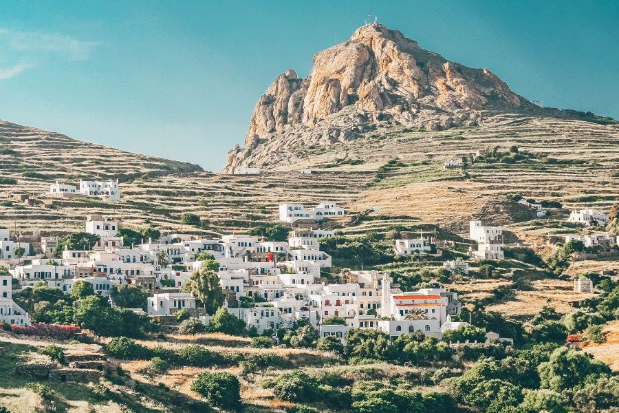 Hiking Cyclades Islands , exomvourgo Castle in Tinos rocky mountain