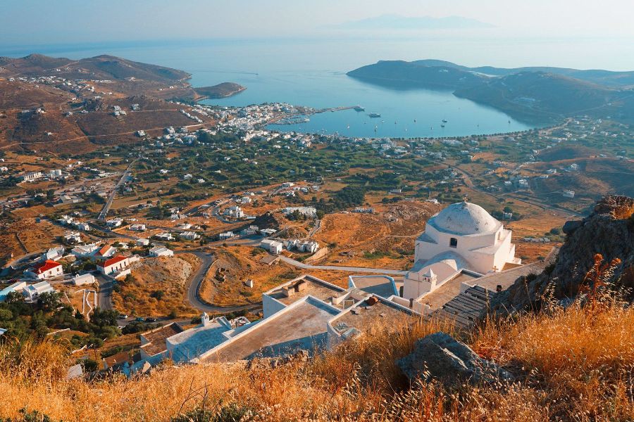 Hiking Cyclades Islands, Overview of Serifos island chora.  Hiking Cyclades islands.
