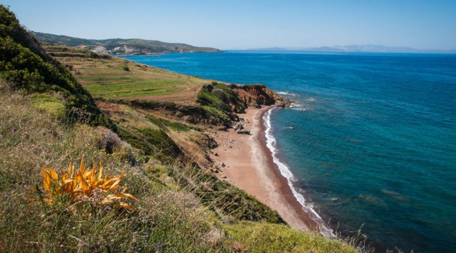 A sandy beach taken from the Hill with Blue Sky in Kythira Scenic Seaside, Kythira Island Greece.