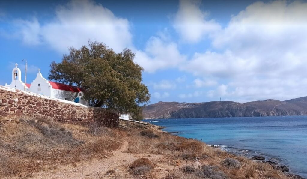 Agios Sostis Beach and church in Mykonos island in Mykonos Island.