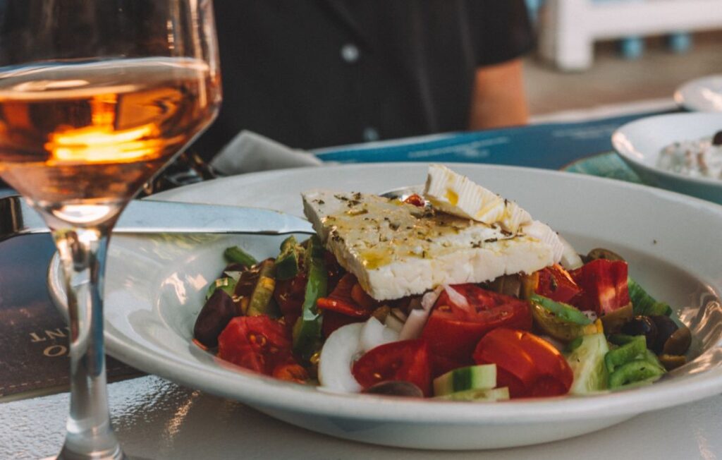 greek salad with wine