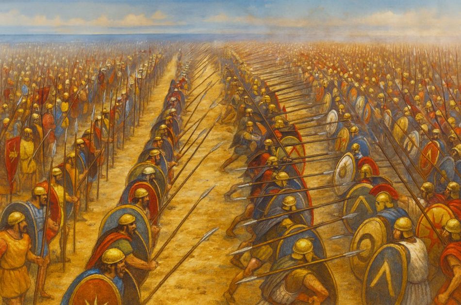 Artistic depiction of the Battle of Marathon with Greek and Persian armies facing each other in formation.