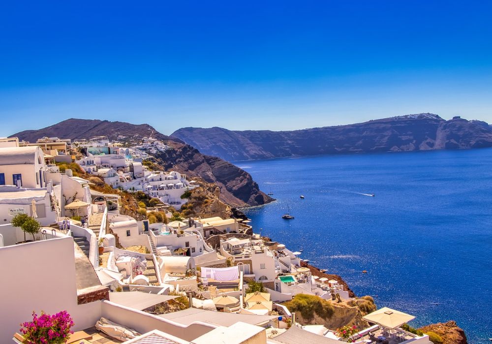 Santorini island caldera and whitewashed houses view