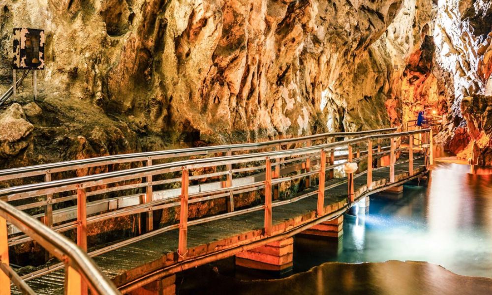 A brige inside the Caves of Lakes in in Kalavrita  Greece
