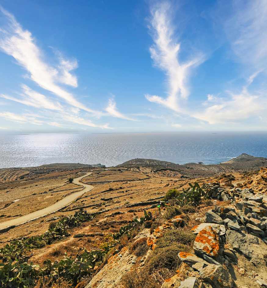 Rugged landscape of Folegandros, Greece, with dry-stone terraces, a winding road and wide views across the Aegean Sea.