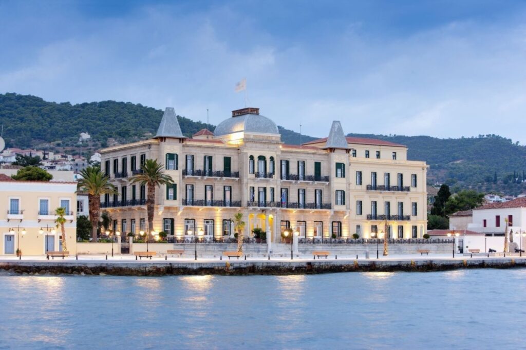 Poseidonion hotel exterior beside the sea in Spetses Greece.