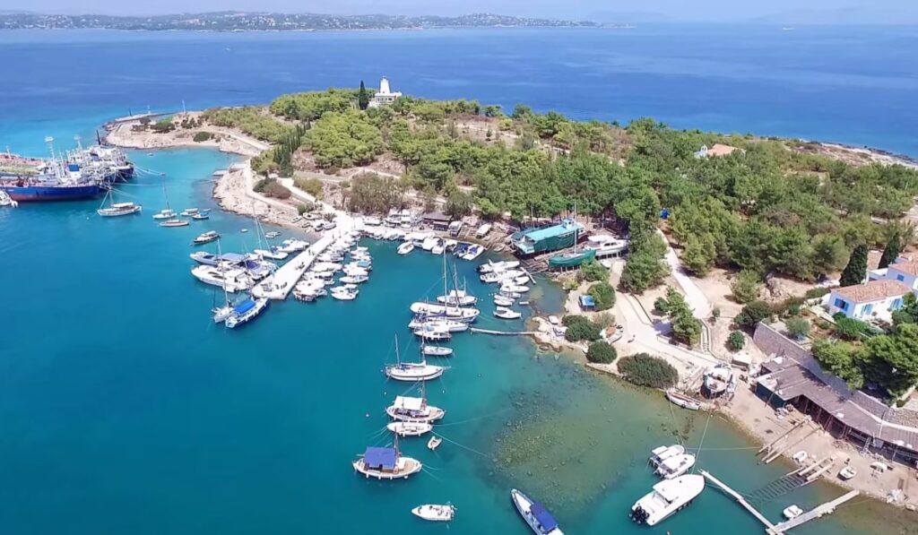 A view from a drone of the old Port with many boats in the sea.