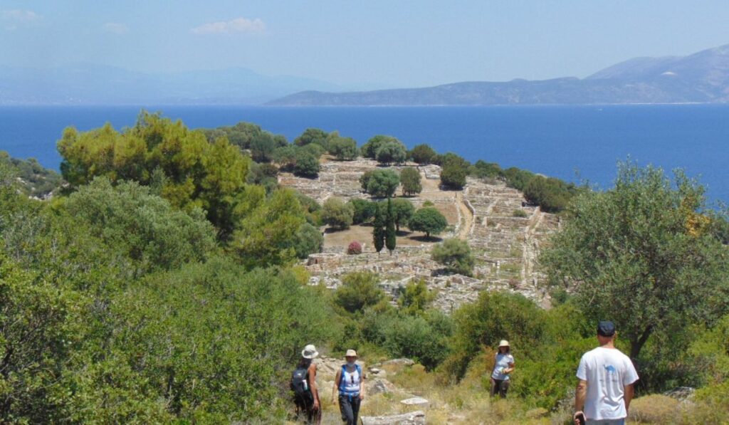 Over View to the sea and some hikers of Lower Ramnous Archaeological in Athens Greece.