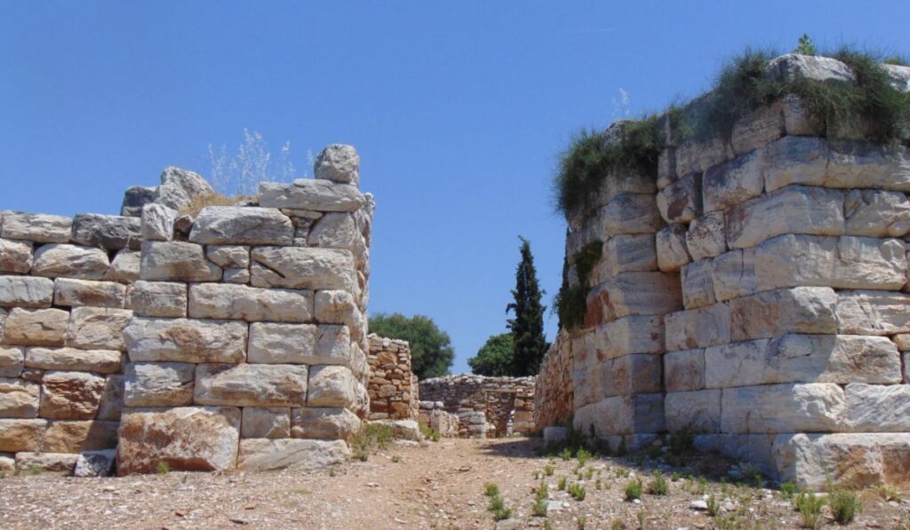 The south main marble entrance to the fortress of Ramnous in a sunny day in Ramnous Archeological Site in Athens. 