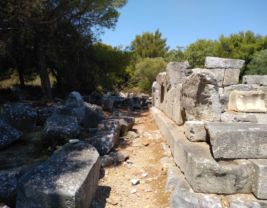 Themis Temple, trees and bushes in a sunny day in Ramnous Archaeological Site in Athens.
