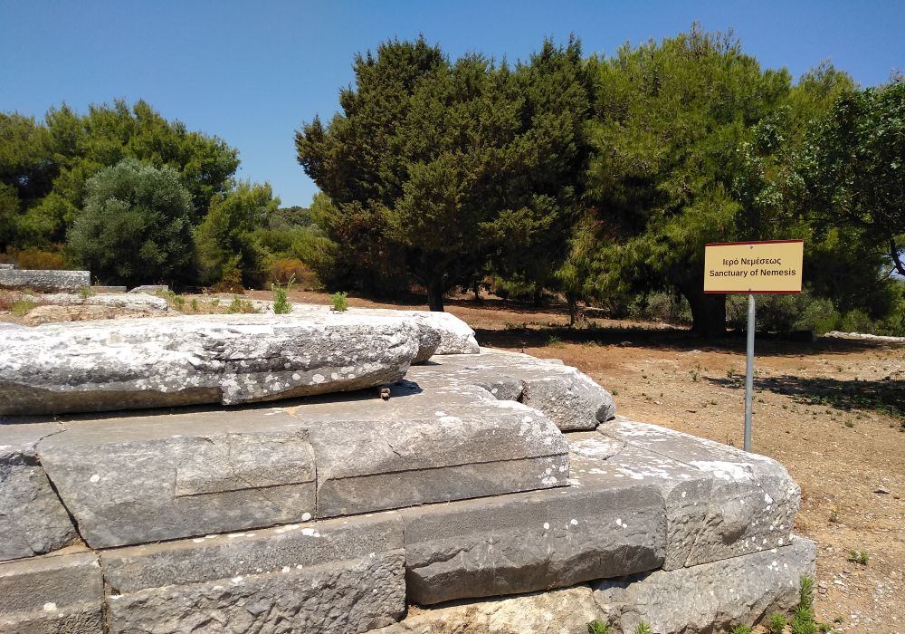 Ramnous Archaeological Site and a sign  saying Iero Nemeseos in Athens Greece.
