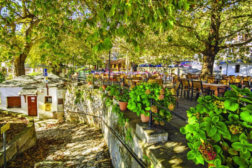 Central square with trees and many tables and chairs and plants in Milies Village Greece.