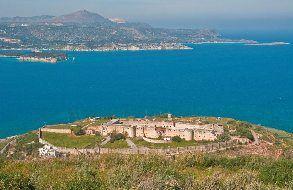 Itzedin castle and a view to the sea in Chania Crete Greece.