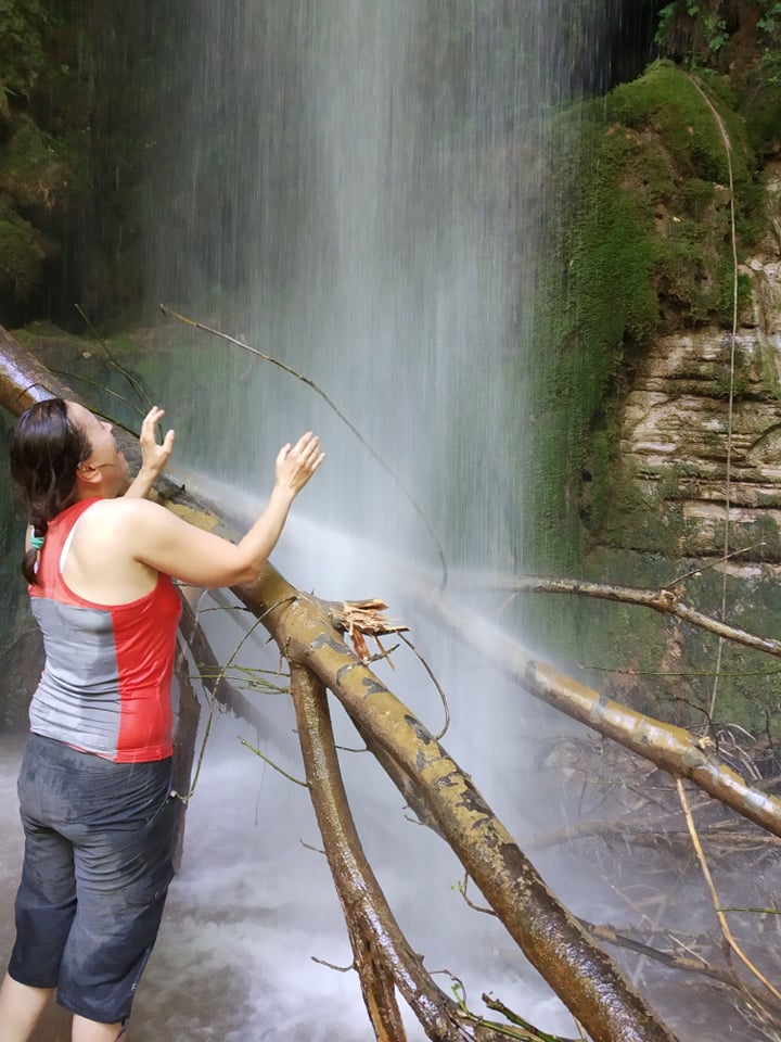 Evgenia at the Water fall in Nemouta Water fall in Ancient Olympia Greece.