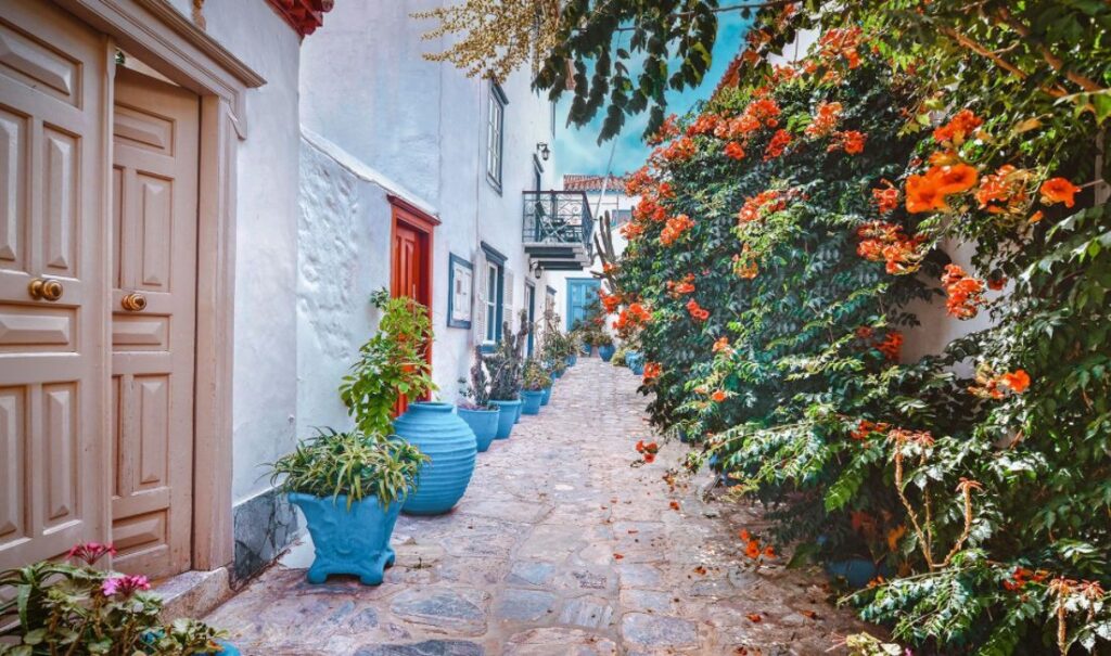 Best Things to Do in Hydra Greece: a scenic alley with flowers