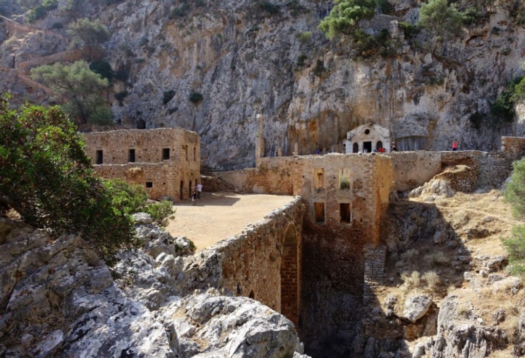 Panagia Arkoudiotissa monastery on a mountain in Chania Crete Greece.