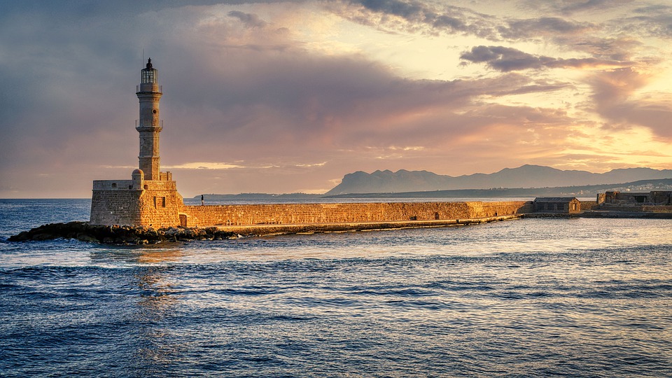 Egyptian Light House and a sun set in Chania Crete Greece.