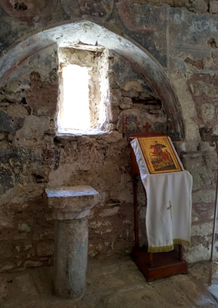 Interior with icons and friezes of Agios Dimitrios Church of the castle of Acrocorinth. 