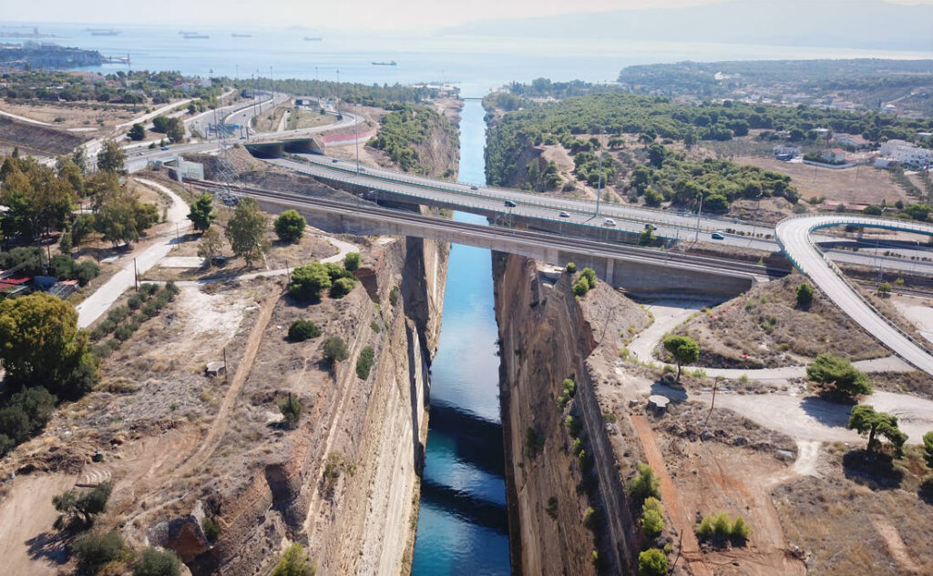 Corinth canal from a drone IN Peloponnese Greece. 