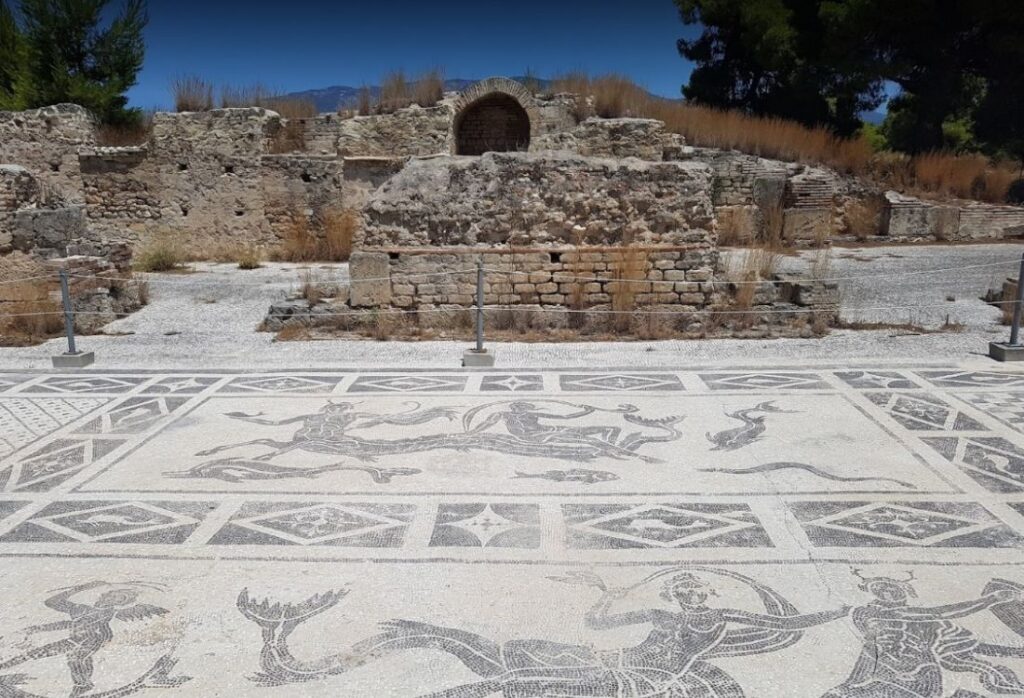 Roman Mosaic in Isthmia Site and Museum near Ancient Corinth. 