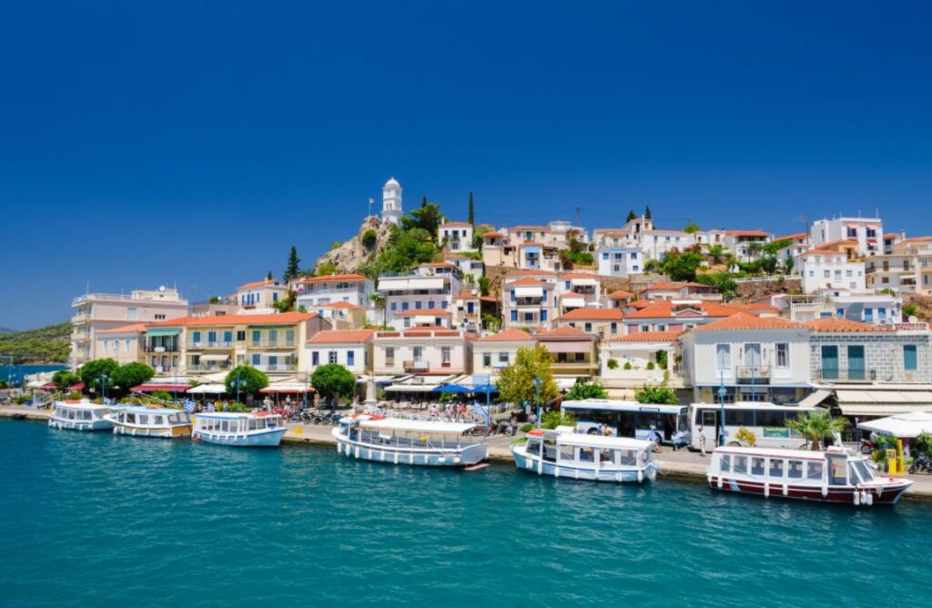 Poros town seafront and some boats in Poros Island Greece.