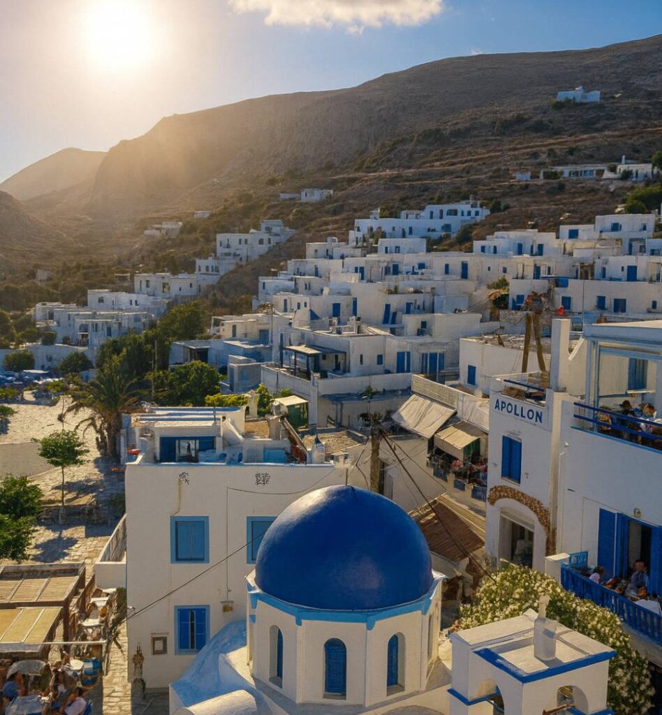 Traditional Cycladic houses in Chora with blue windows under the sun, a must-see spot included in top things to do in Amorgos.