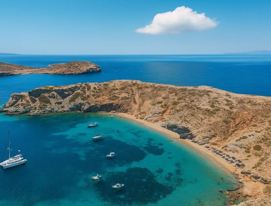 Aerial view of Gramvousa with turquoise water, boats, and golden sand—one of the best beaches in Amorgos and a top highlight in things to do in Amorgos.