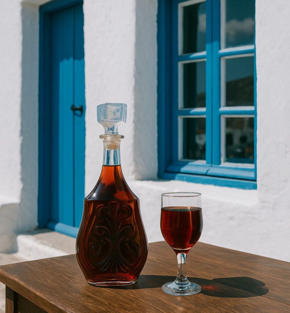 Bottle and glass of psimeni raki placed on a wooden table in front of a traditional house in Amorgos Greece, ideal for Amorgos travel guide food sections.