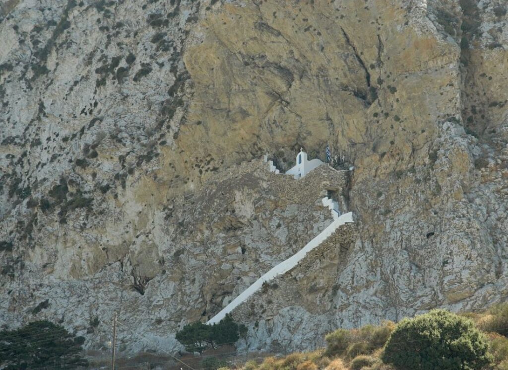 Agia Triada Chapel on the rocky mountain in Amorgos Island Greece.