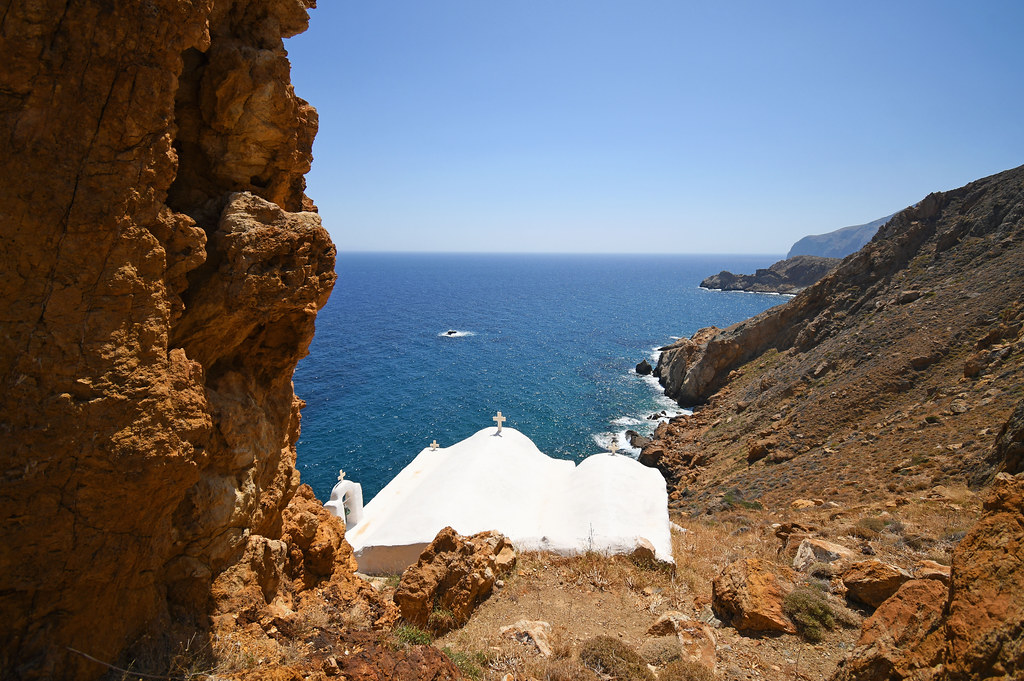 White chapel of Agios Antonios on the steep north shores of Anafi