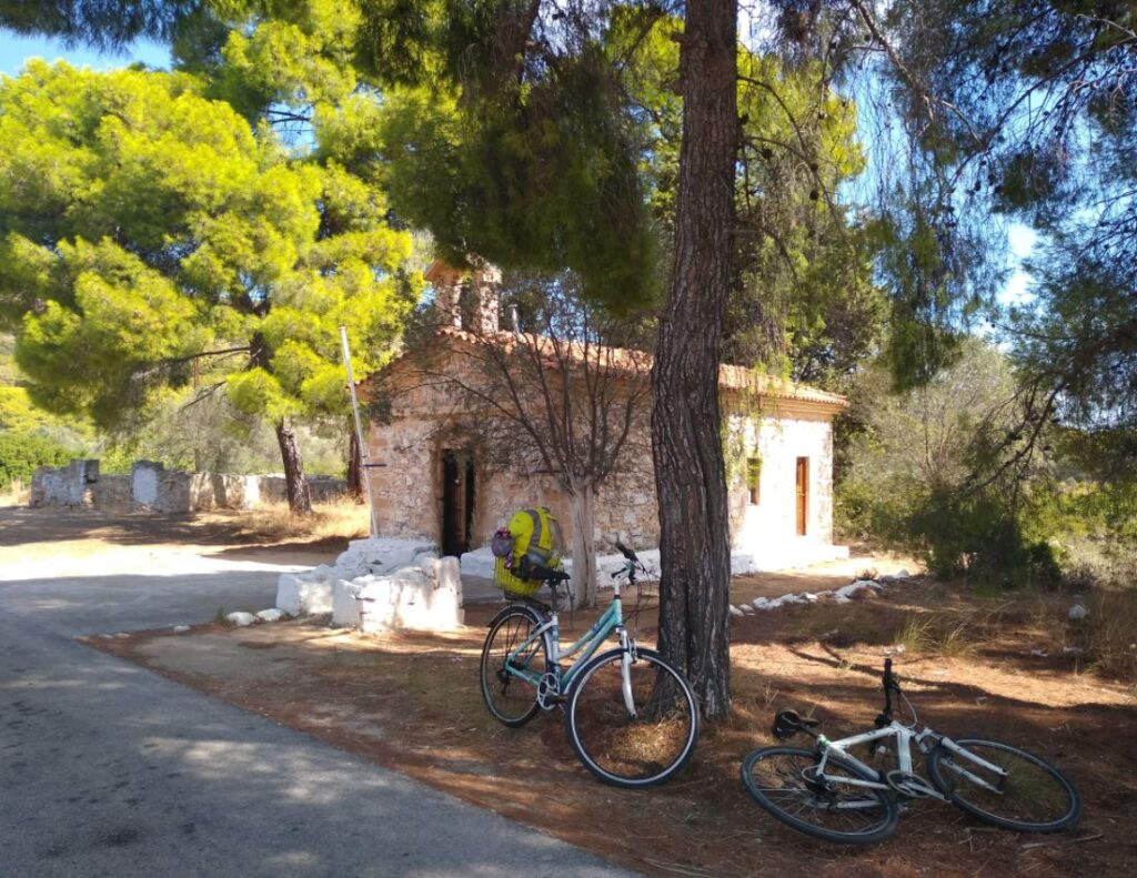Agia Varvara Church and our bicycles!