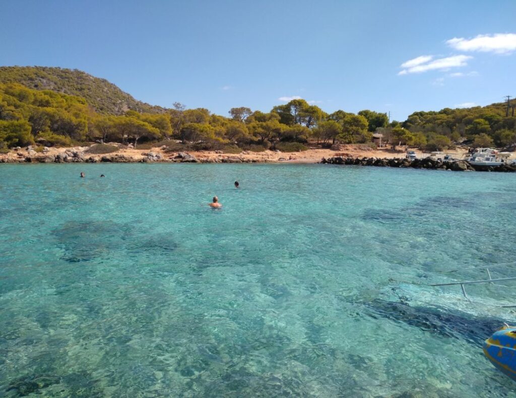 turquoise Aponissos beach and rocks on Agistri island