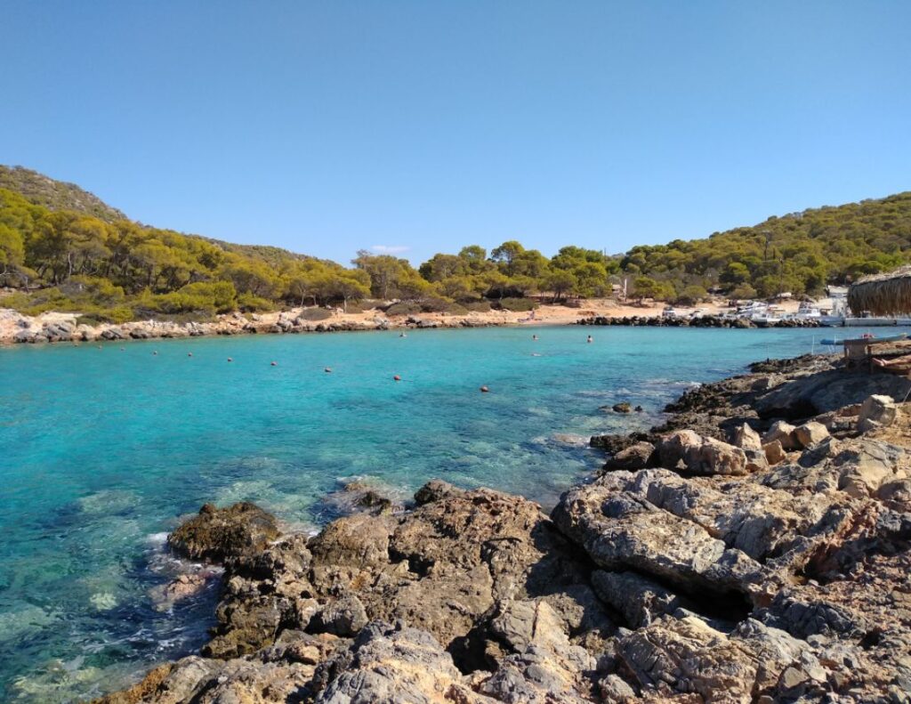 turquoise Aponissos beach and rocks on Agistri island