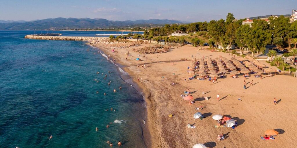 4-day Peloponnese Itinerary, Kyparissia beach taken from a drone in Greece in November.