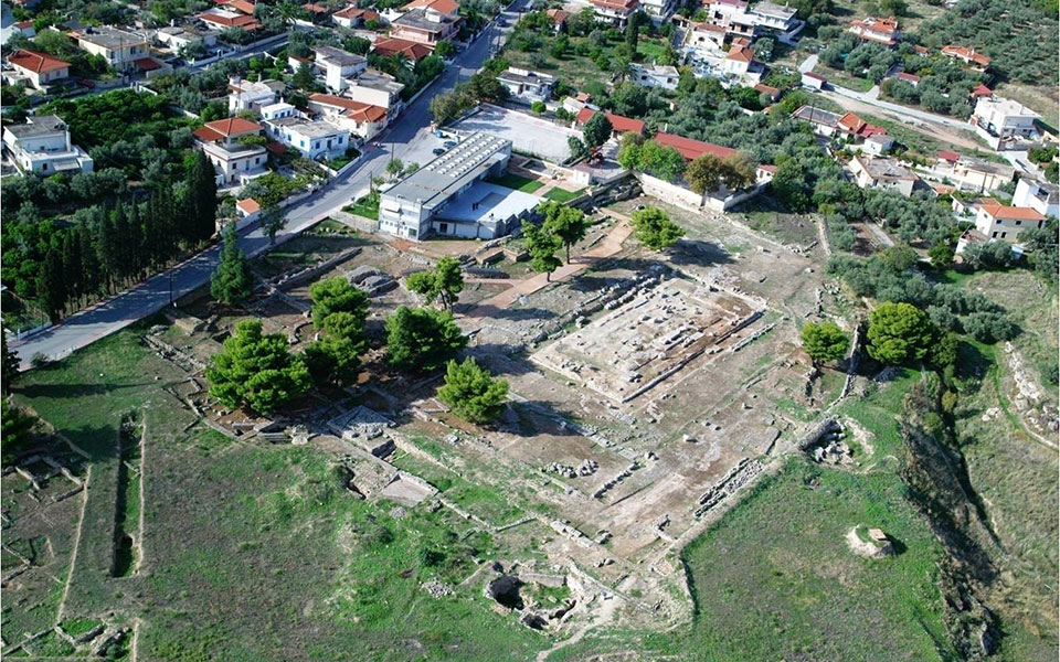 Isthmia Archaeological site from a drone in Ancient Isthmia in Corinth.