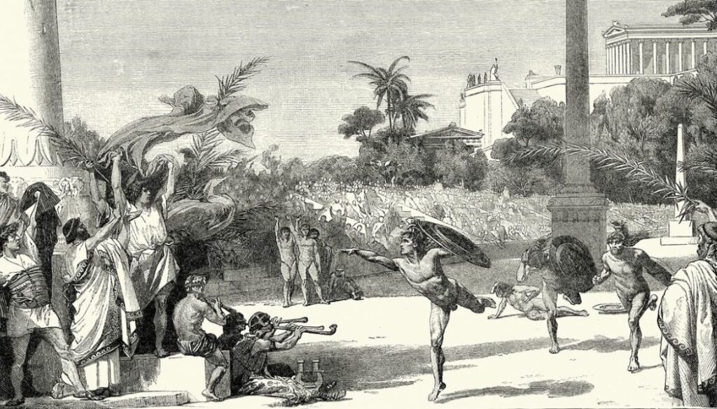 Vintage engraving of the Ancient Olympic Games in Greece in Ancient Isthmia in Corinth. 