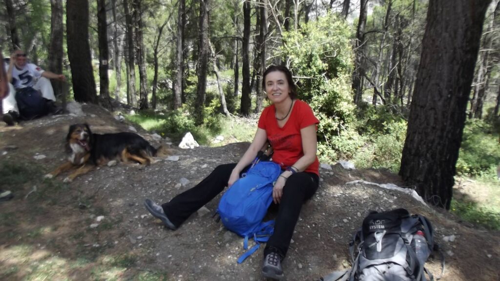 Evgenia sitting on the ground of Parnitha Mt  in Athens Greece