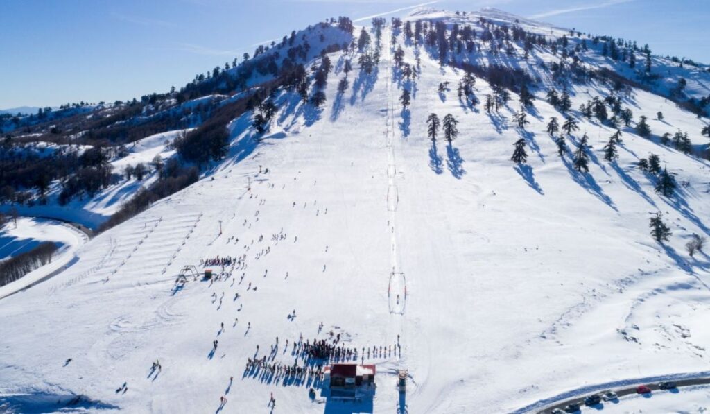 Vasilitsa Ski Resort full of snow taken from a drone. One of the best ski resorts in Greece.