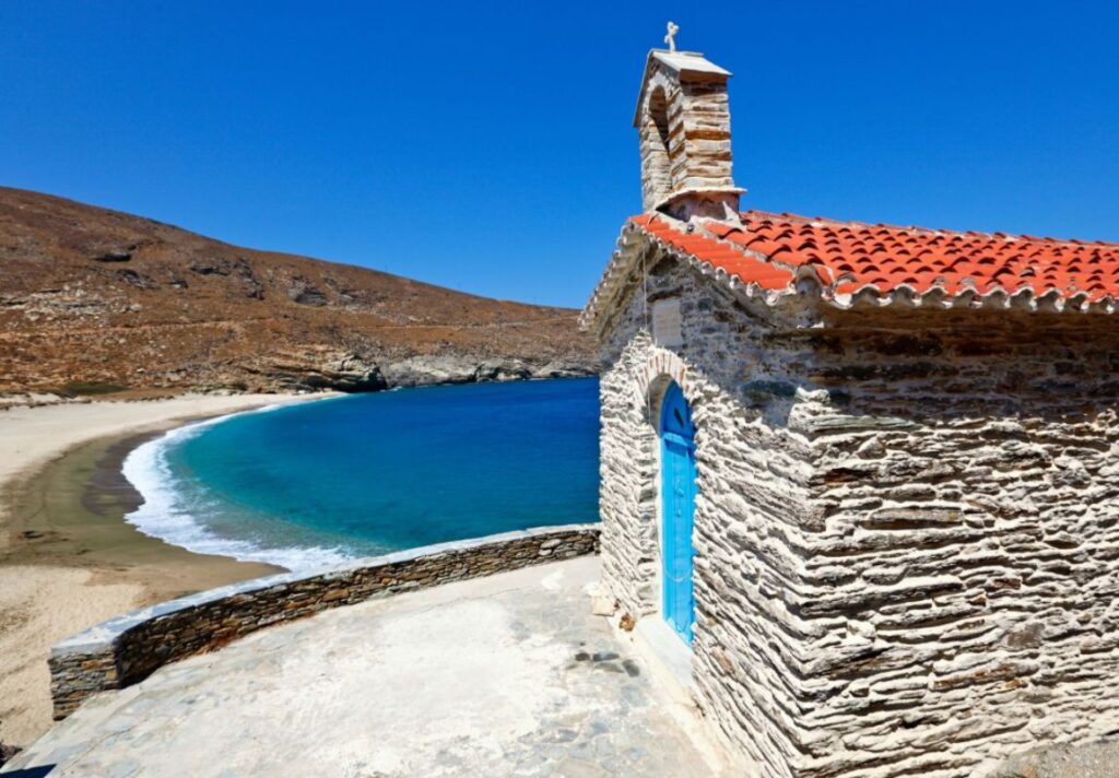 Achla beach and a Greek church. 