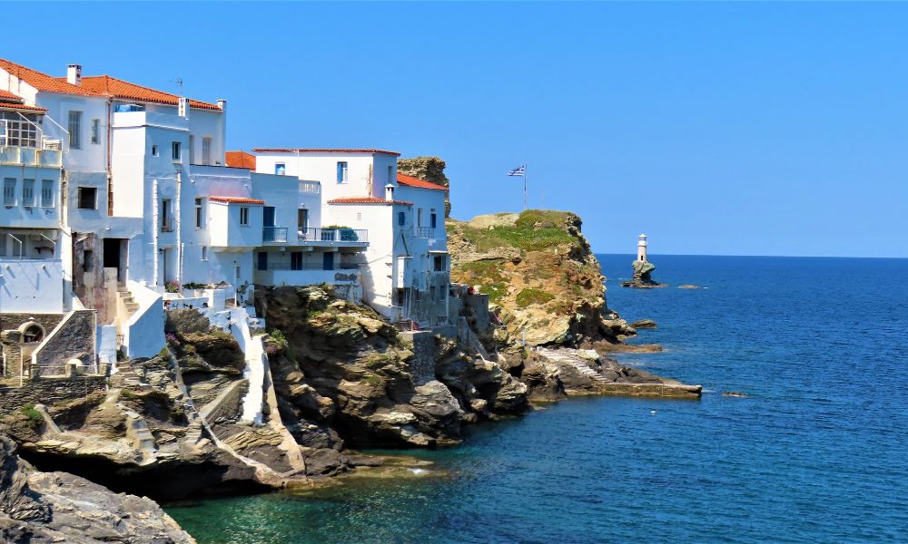 Chora Andros with Tourlitis lighthouse .