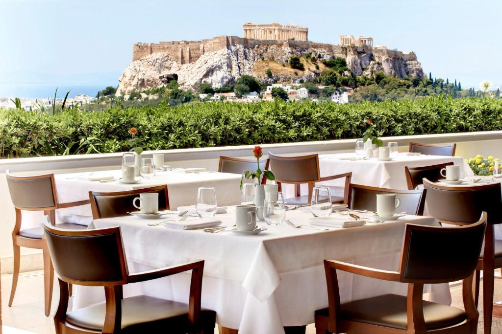 The Grange Bretagne Christmas in Athens. View to Acropolis from the restaurant. Christmas in Athens Greece.