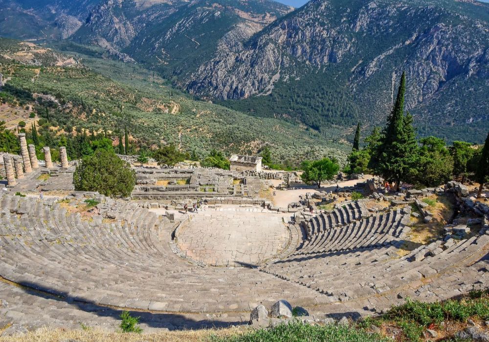 Delphi Oracle ancient theater taken from a drone.
