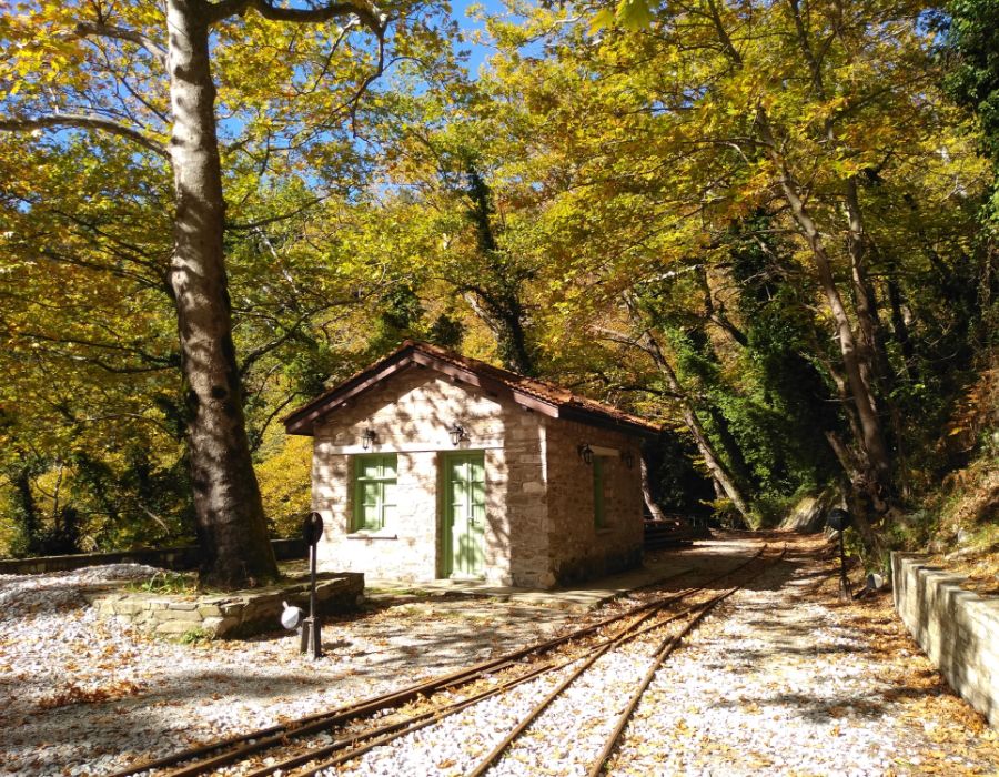 Milies village in Pelion, Old Station train