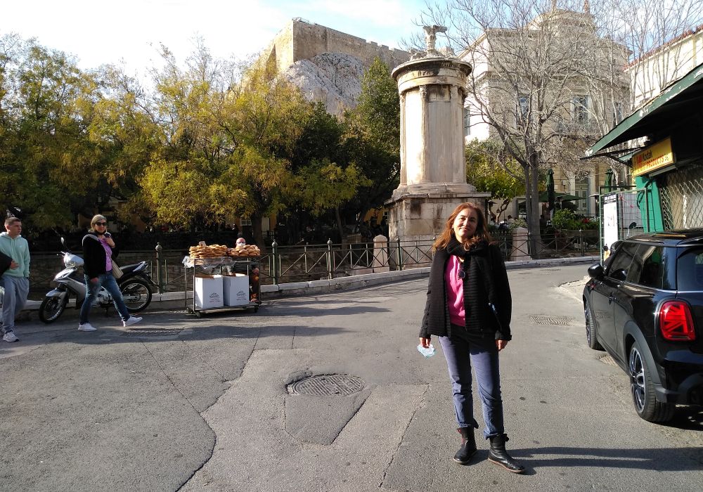 Evgenia in front of Lysikrates monument in Plaka Athens